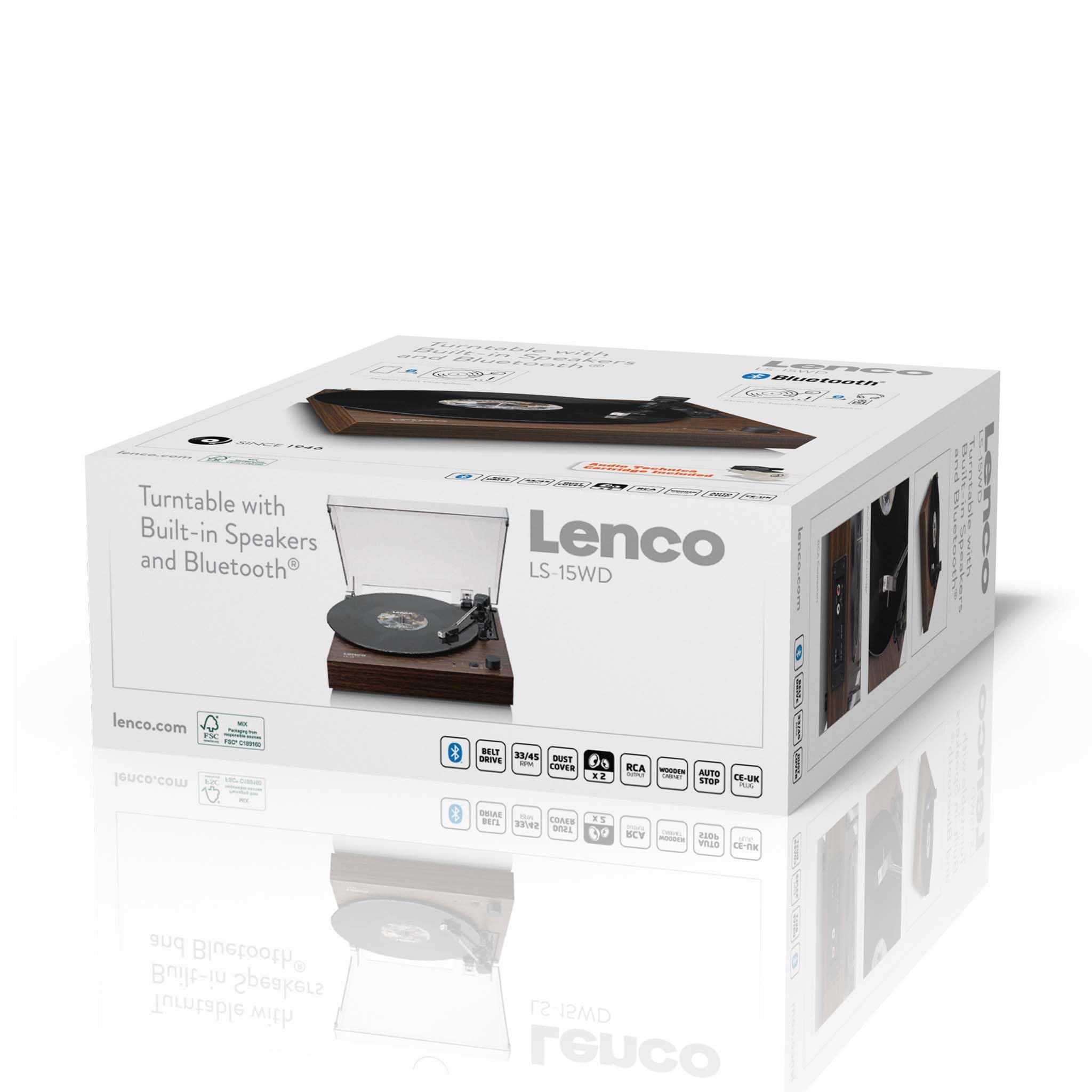 Lenco Giradischi LS-15WD – ricezione e trasmissione Bluetooth®, 2 altoparlanti integrati, pickup AT3600L, trasmissione a cinghia, auto-stop, 33/45 giri/min, AUX e RCA – marrone