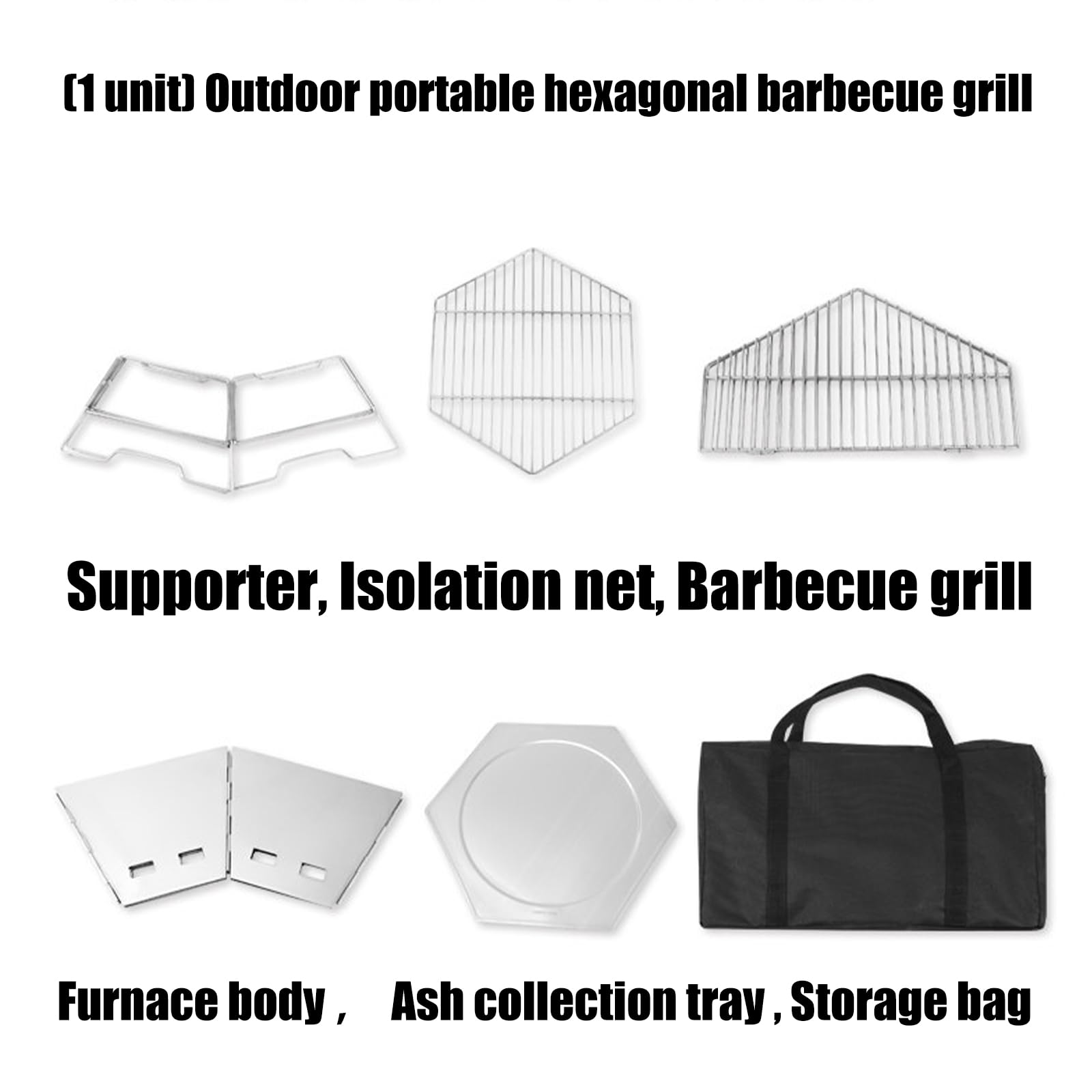 Barbecue multifunzionale esagonale trasportabile per campeggio evidenziando braciere cottura acqua bollente e capacità di grigliare barbecue all'aperto con rete