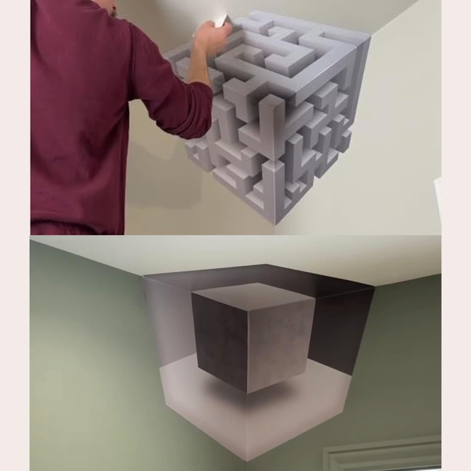 Mahomade Trending 3D Cube Illusion Wall Art, Viral 3D cube for wall corner, Geometric Pixelated Block Design, Grey (Combo Pack)-image-9