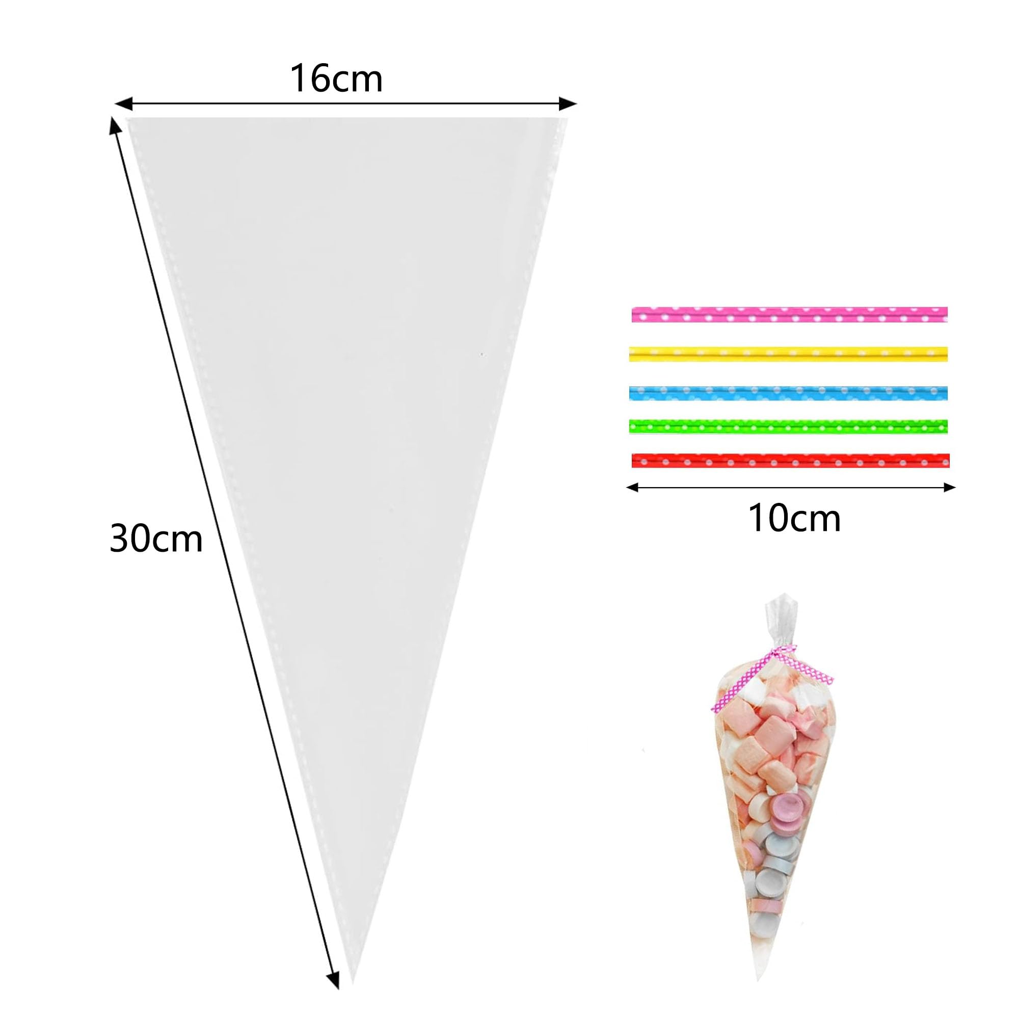 Pack of 100 Cones Bags 30 x 16 cm Cone Bags Candy Bags Gift Bags with 100 Ties for Sweets Chocolate Sweets - Image 2