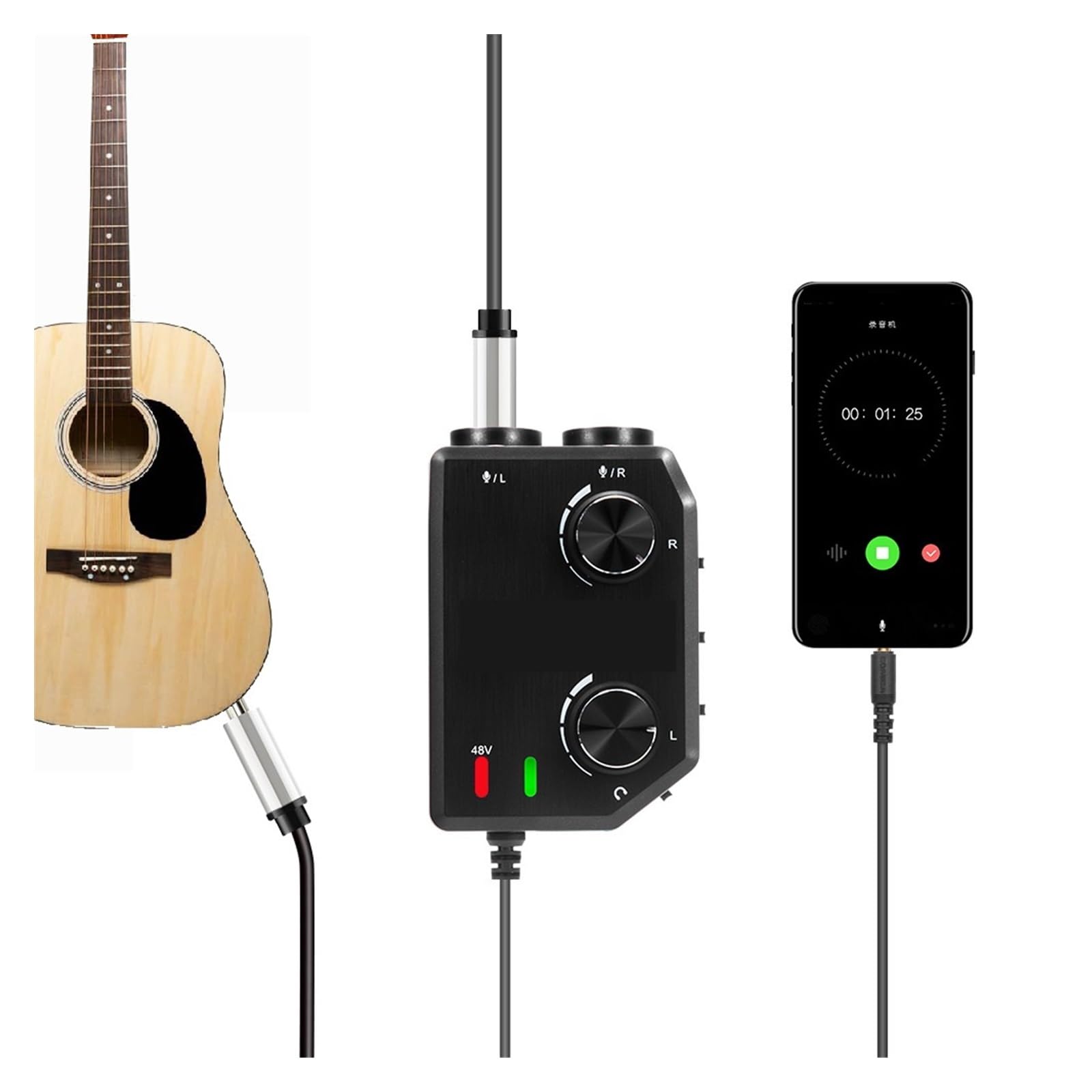 Podcast Equipment, 2-Kanal-Mikrofon-Audiomixer-Vorverstärker mit Phantomspeisung, Gitarren-Audio-Interface-Mikrofon for Kamera