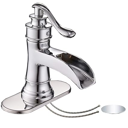 Homevacious Bathroom Faucet Chrome Bath Tub Basin Single Hole Sink Waterfall With Pop Up Drain With Overflow Vanity One Handle Lavatory Supply Line Lead-Free