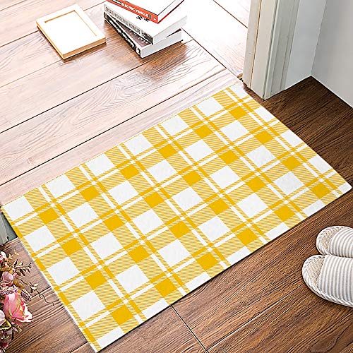 Brawvy Geometric Doormats For Entrance Way Indoor, Classic Buffalo Check Plaid Yellow White Low Profile Door Mat With Rubber Backing Inside Floor Rugs 20" X 32" #TOP3