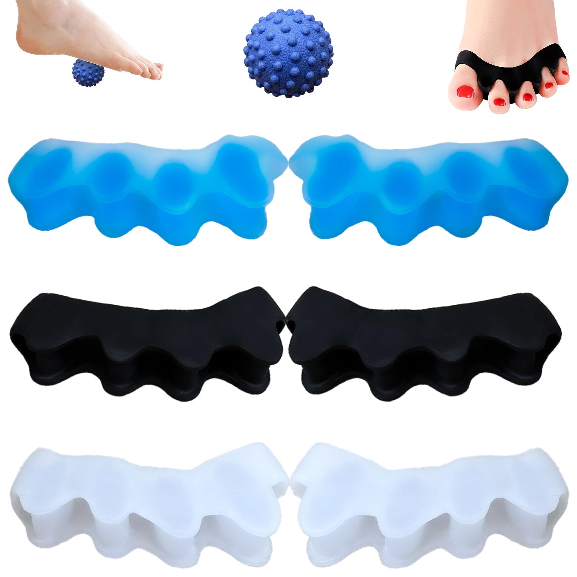 RenovaFeet Separador Dedos Pie [6x] (3 Pares) + Pelota Masaje - Masajeador De Pies - Separadores De Dedos De Los Pies - Restore Feet - Separador De Dedos