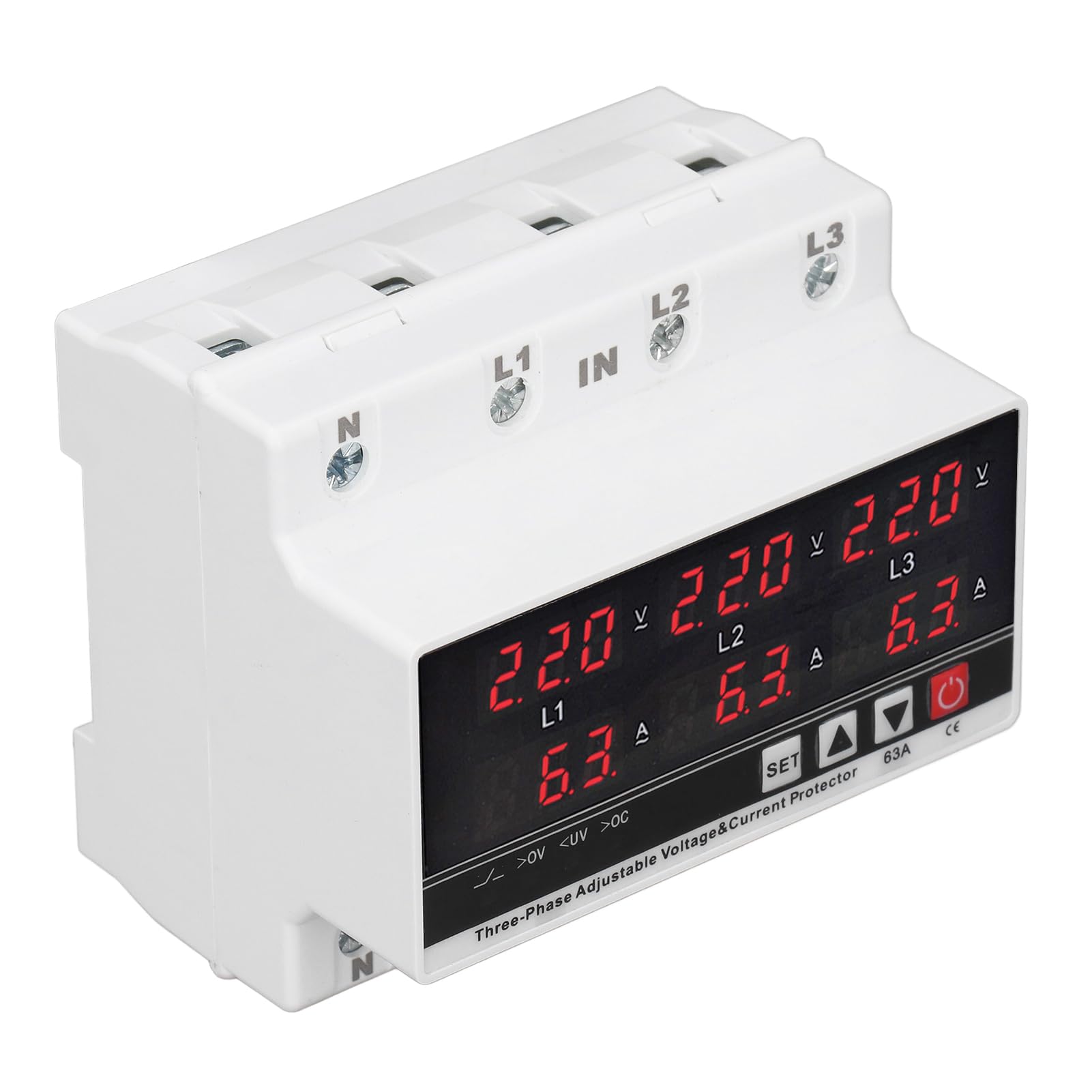 Protezione Professionale Sovratensione e Sovracorrente Regolabile, Protezione Sottotensione CA 120 V- 300 V 63 A 3 Fasi A 3 Fili, Protezione Multifunzionale per Voltmetro