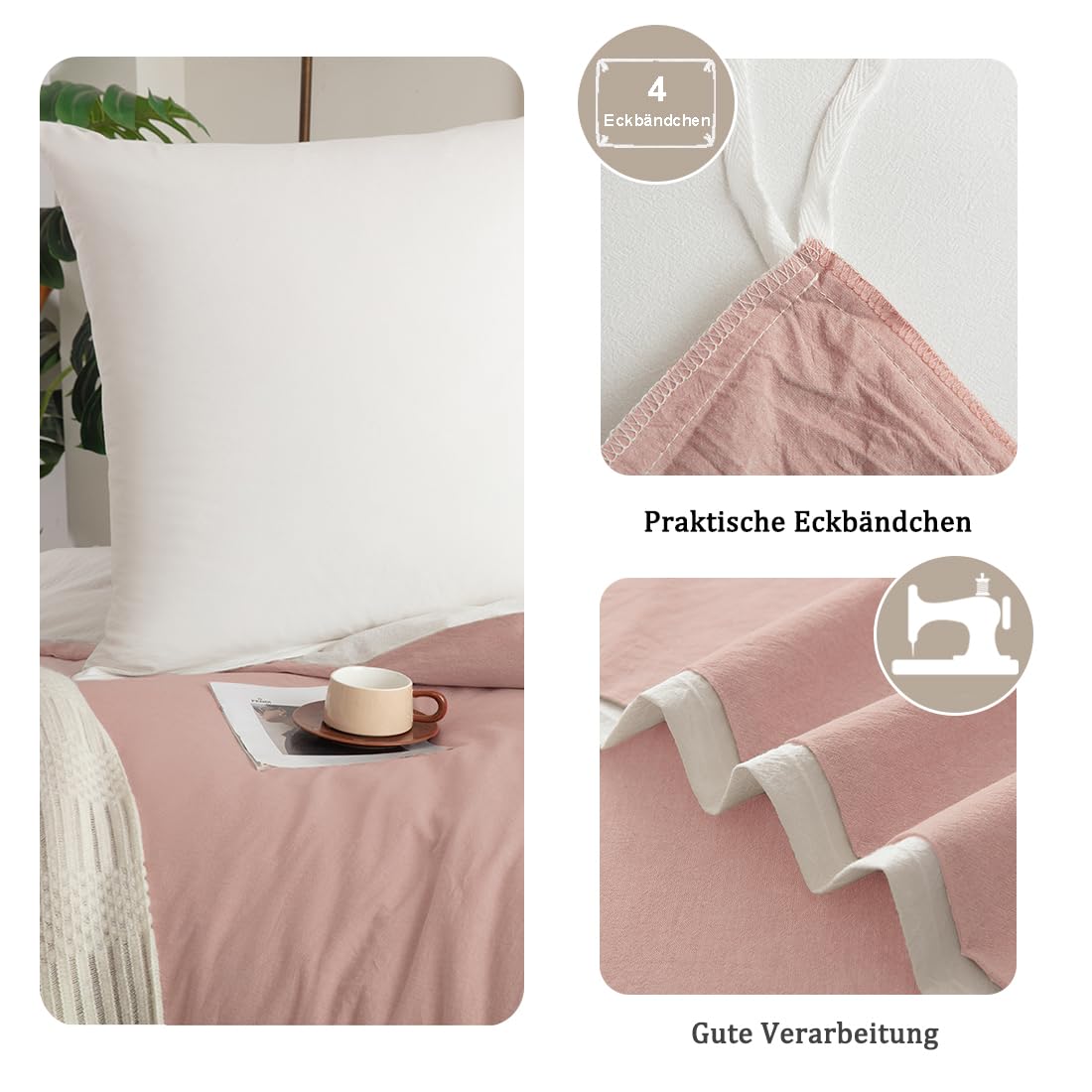 Biancheria da letto 140 x 200 cm, in cotone rosa/bianco, set di biancheria da letto da 2 pezzi, morbido, 100% cotone lavato, include 1 copripiumino da 140 x 200 cm e 1 federa da 80 x 80 cm con