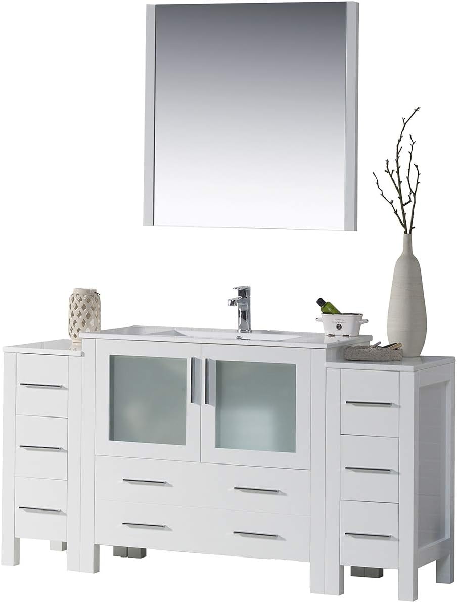 Blossom 60” Bathroom Vanity with Ceramic Sink, Double Side Cabinet and Mirror – Solid Wood, Soft Close Drawers, Durable Build - Storage Cabinet for Small & Large Bathrooms - Glossy White