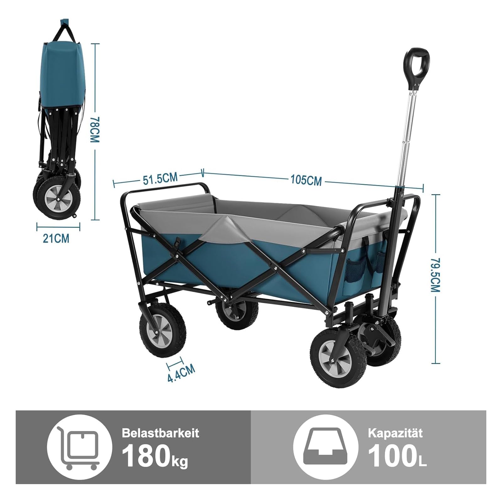 EUGAD składany wózek ręczny, wózek transportowy 100 L z regulowanym uchwytem, przenośny wózek plażowy z bocznymi kieszeniami, do ogrodu, na kemping, na zakupy, nadaje się do każdego terenu, obciążenie