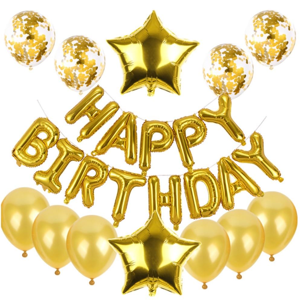 Happy Birthday Decorations Set - Foil Balloon Banner 13 pcs letters, Latex Confetti, Giant Star Shaped Foil Balloons, 16 inch (Gold)