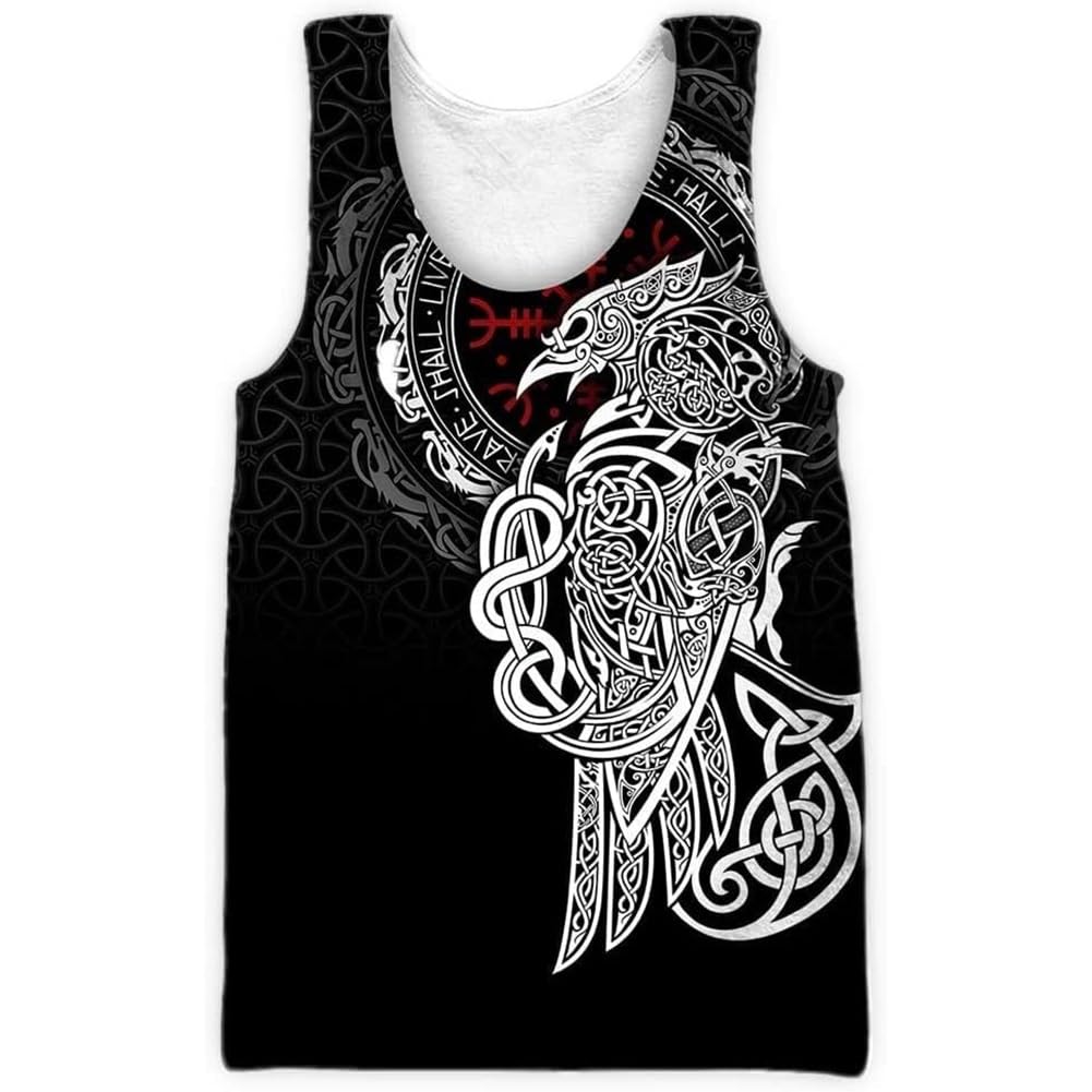 Norse Mythology Viking Tank Tops for Men Women - Vintage Raven Wolf Digital Print Casual Vests Sleeveless Tee(Crow 1,4XL)
