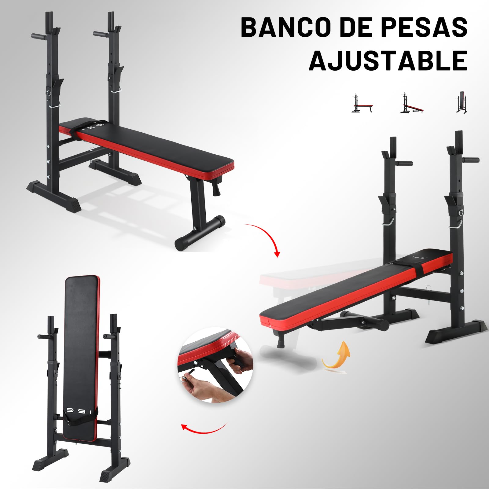 ISE Banco de musculación plegable ajustable con soporte de barras para mancuernas y estación de dips, bancos de musculación ajustables rojo negro 544-BK, blanco negro 544-WH
