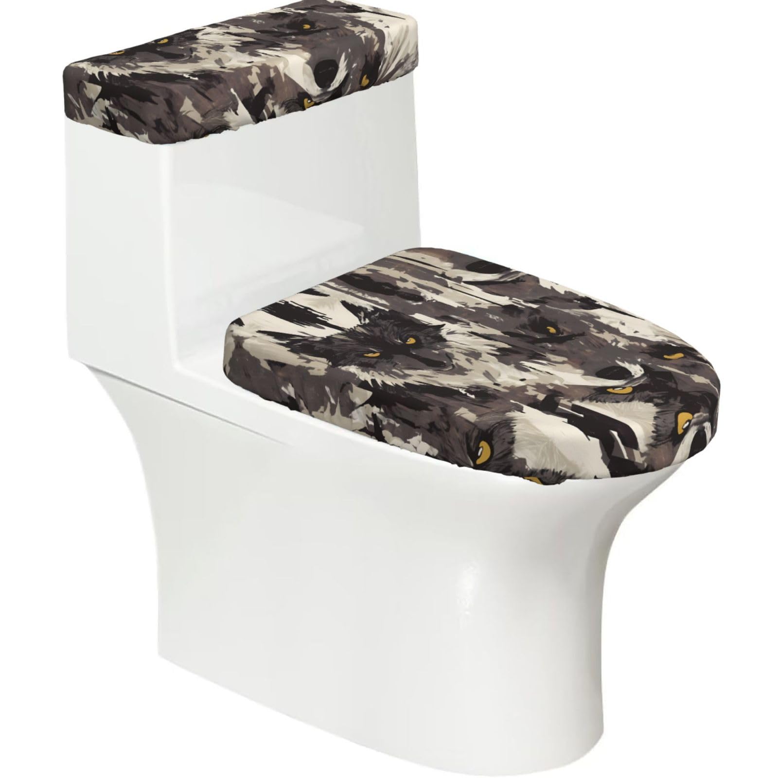 Ink Wolf 2-Piece Toilet Seat Cover Set with Tank Lid - Elastic for U-Shape & Elongated - Bathroom Decor