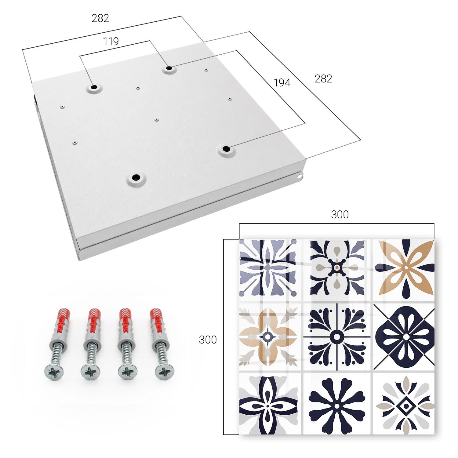 Tulup Armario de Llaves 30x30 cm | Blanco | Derecha | Montaje en Pared | Patrones geométricos | Kit de Montaje Incluido | Frente Decorativo de Cristal | Organizador | de Metal | 50 Ganchos