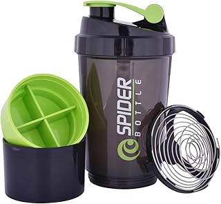 Spider Bottle Protein Shaker, 500ml, Leak-Proof Design with Storage Compartment, Black and Green