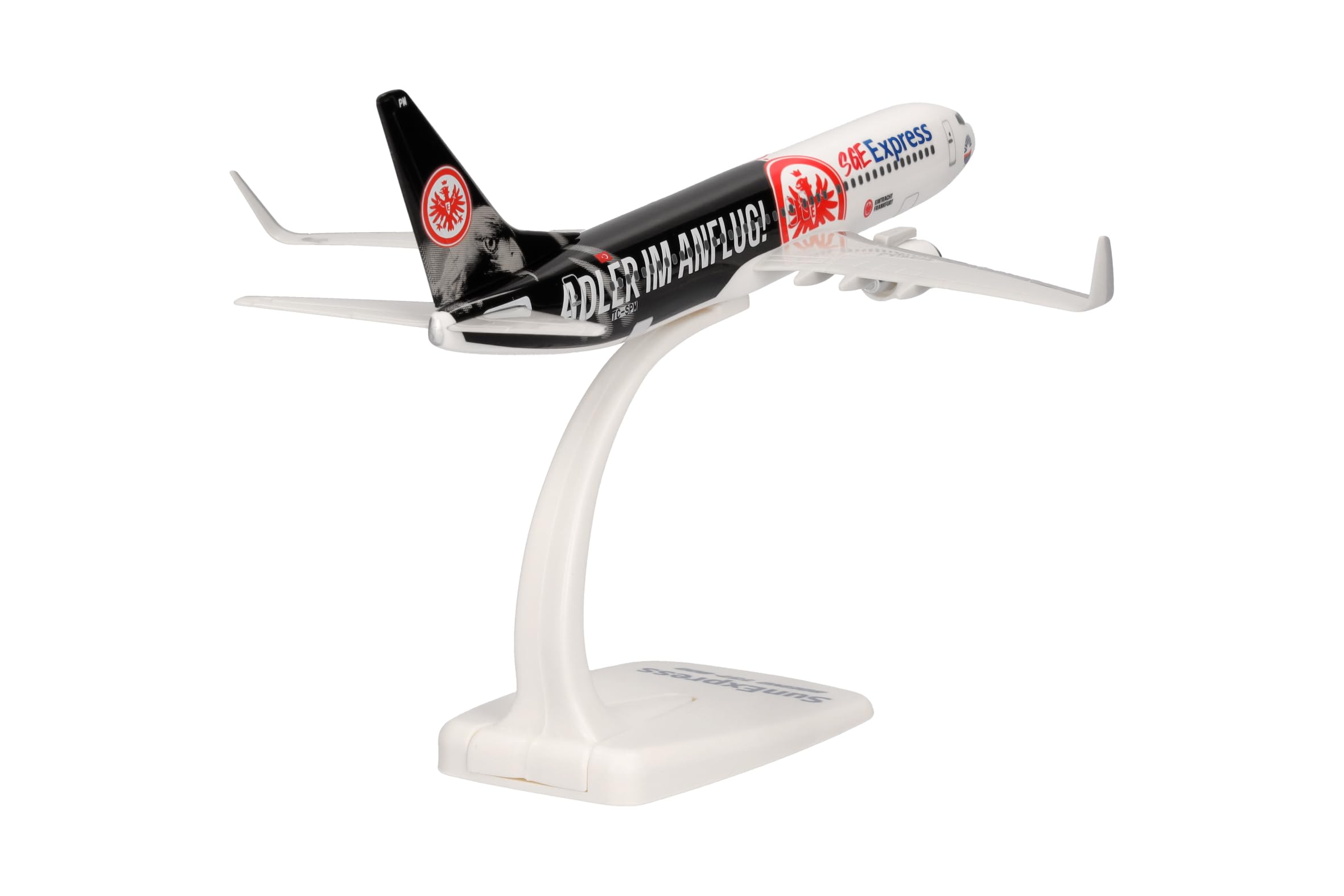 Herpa Snap-Fit Modellflugzeug Sun Express Boeing 737-800 "Eintracht Frankfurt - SGE Express - Adler im Anflug - TC-SPM, Miniatur im Maßstab 1:200, Sammlerstück, Modell mit Standfuß, Kunststoff