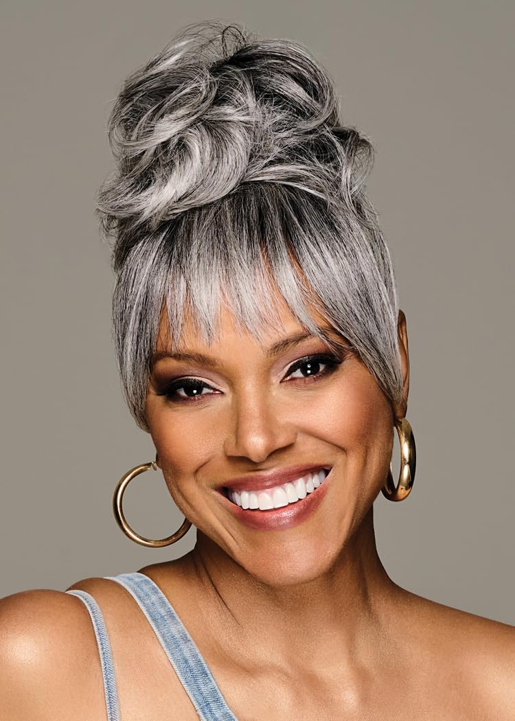 Kim Kimble Sleek Style Bun & Bangs Hairpiece With Face Framing Fringe With Longer Side Pieces by Hairuwear, MC4/35SS Sangria