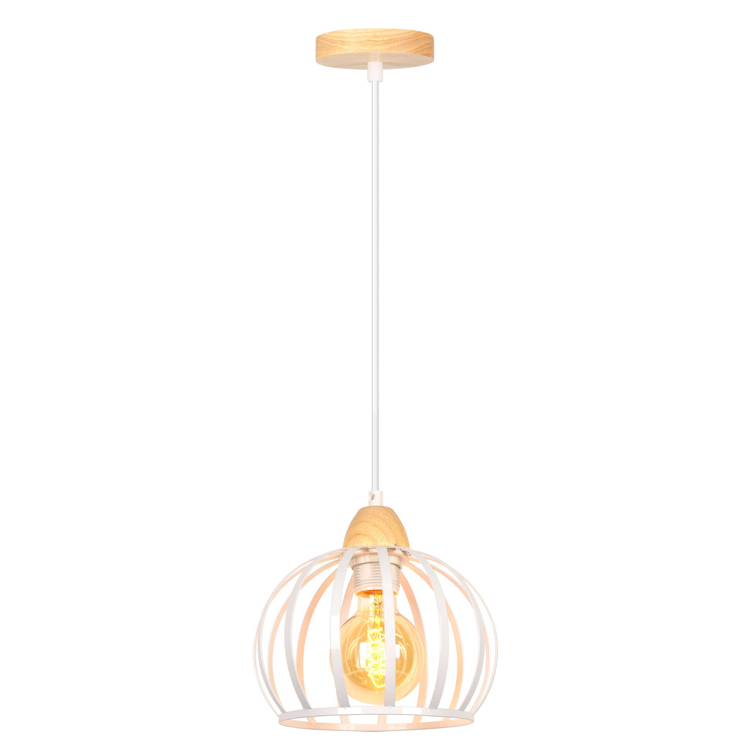 iDEGU Lámpara Colgante Vintage 20cm Lámpara de Techo en Madera y Metal Moderna Iluminación E27 Industrial Diseño Jaula Luz Colgante Retro para Dormitorio Salón Comedor Cocina Pasillo (Blanco)