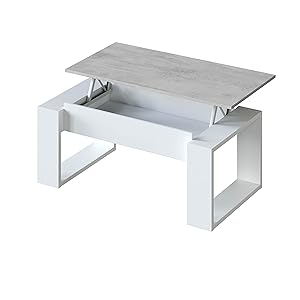 Habitdesign Mesa de Centro elevable, Mesita para Salon, Mesa Auxiliar, Modelo Nova, Acabado en Color Blanco Artik y Cemento, Medidas: 105 cm (Largo) x 55 cm (Ancho) x 45-54 cm (Fondo)