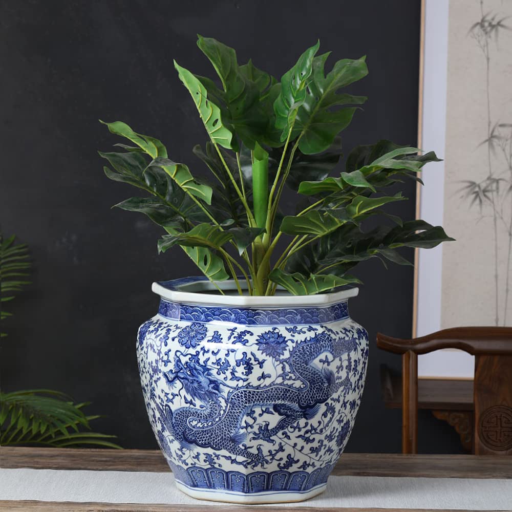 DFGHNBVC Jingdezhen Ceramic Flower Pot Calligraphy And Painting Cylinder Scroll Calligraphy And Painting Storage Blue And White Porcelain Antique Octagonal Chinoiserie Ornament Tree Pot,A-with holes