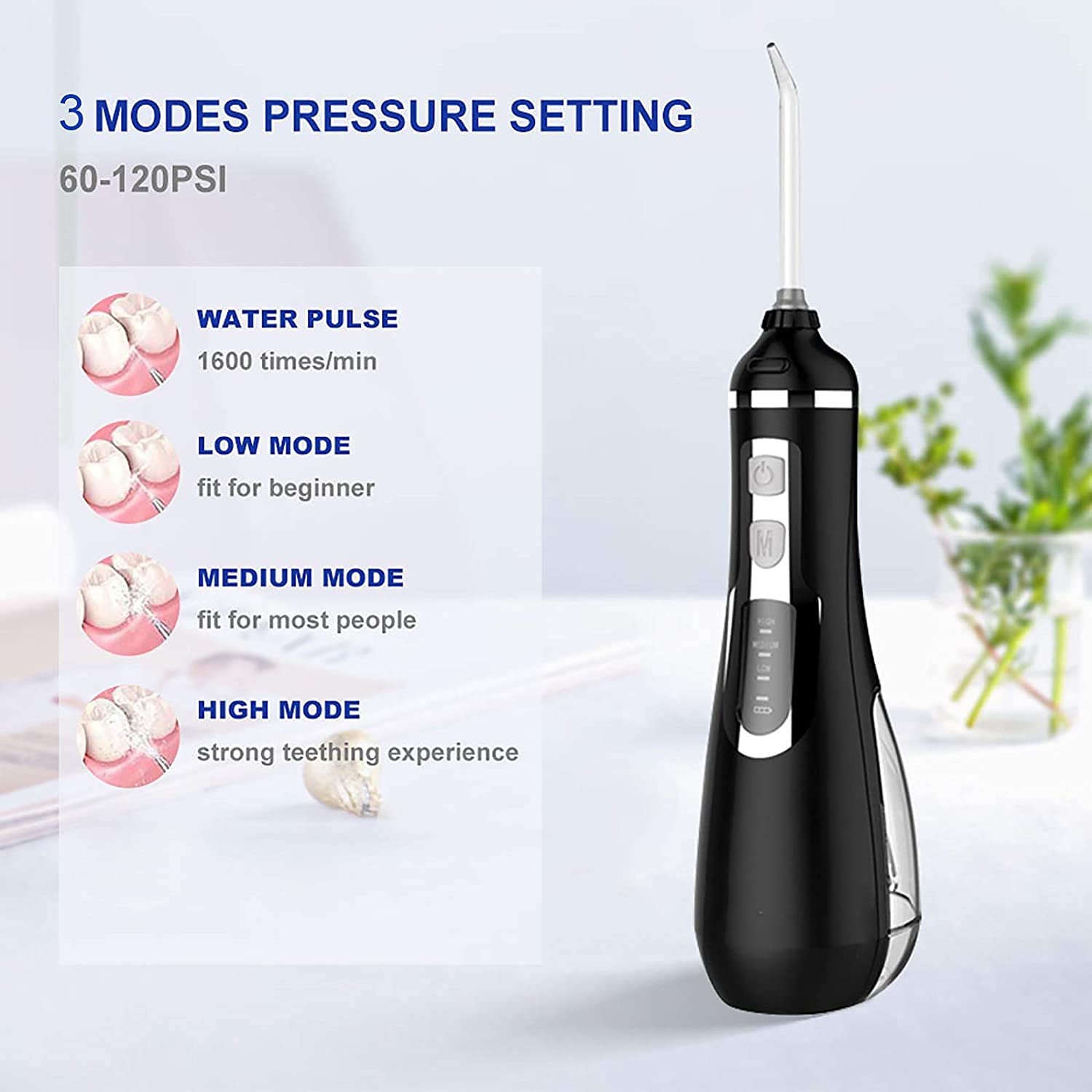 Irrigatore orale portatile del flosser dell'acqua con 3 modalità, 4 punte del jet sostituibili, detergente for i denti impermeabili ricaricabili for la casa e il viaggio -200ml serbatoio staccabi