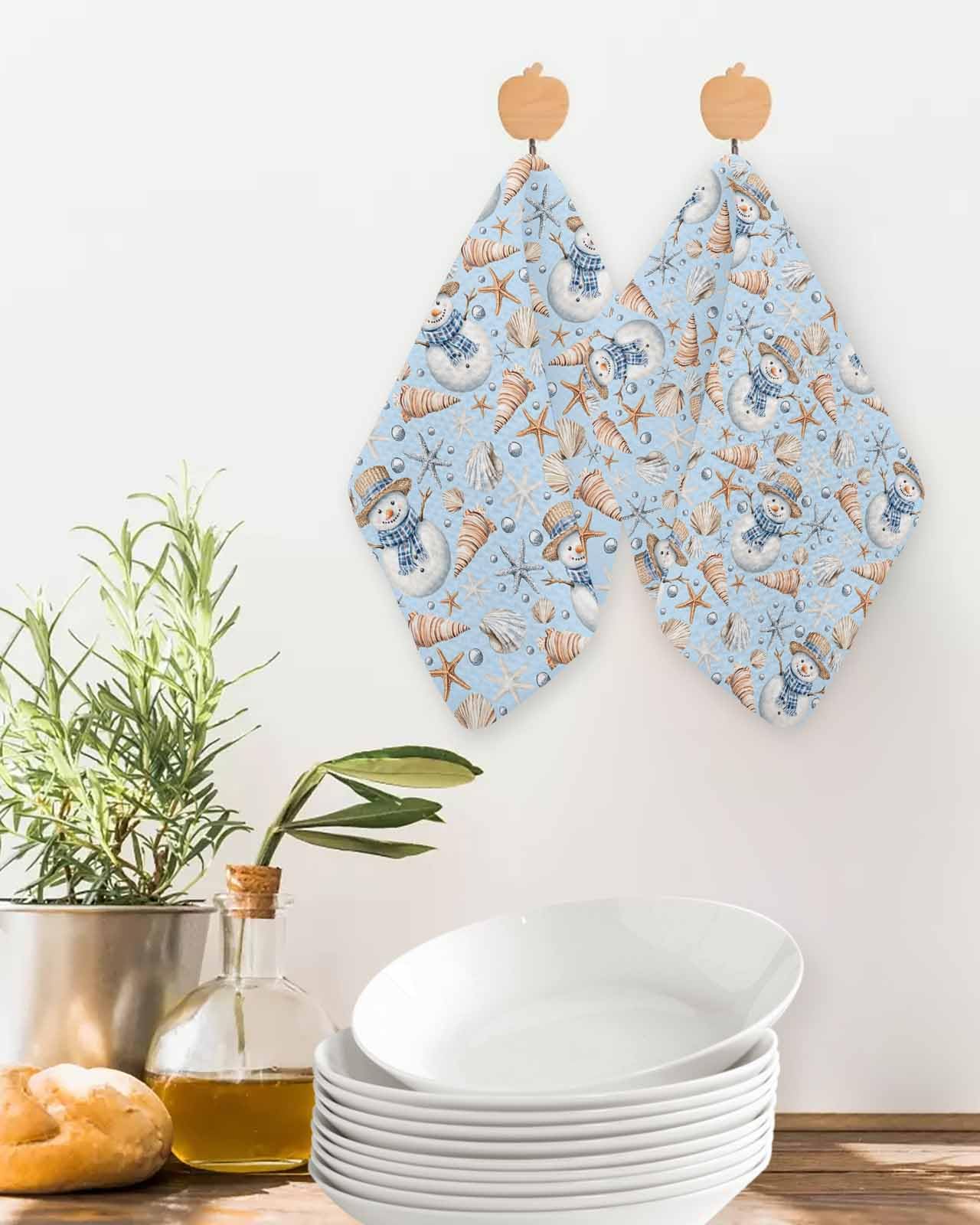 Hokiten Blue Coastal Christmas Waffle Kitchen Towels Dishcloths, Xmas Snowman Shell Starfish Absorbent Dish Towels | Hand Towels for Bathroom/Bar, 12 x 12 Inch, 4 Pcs