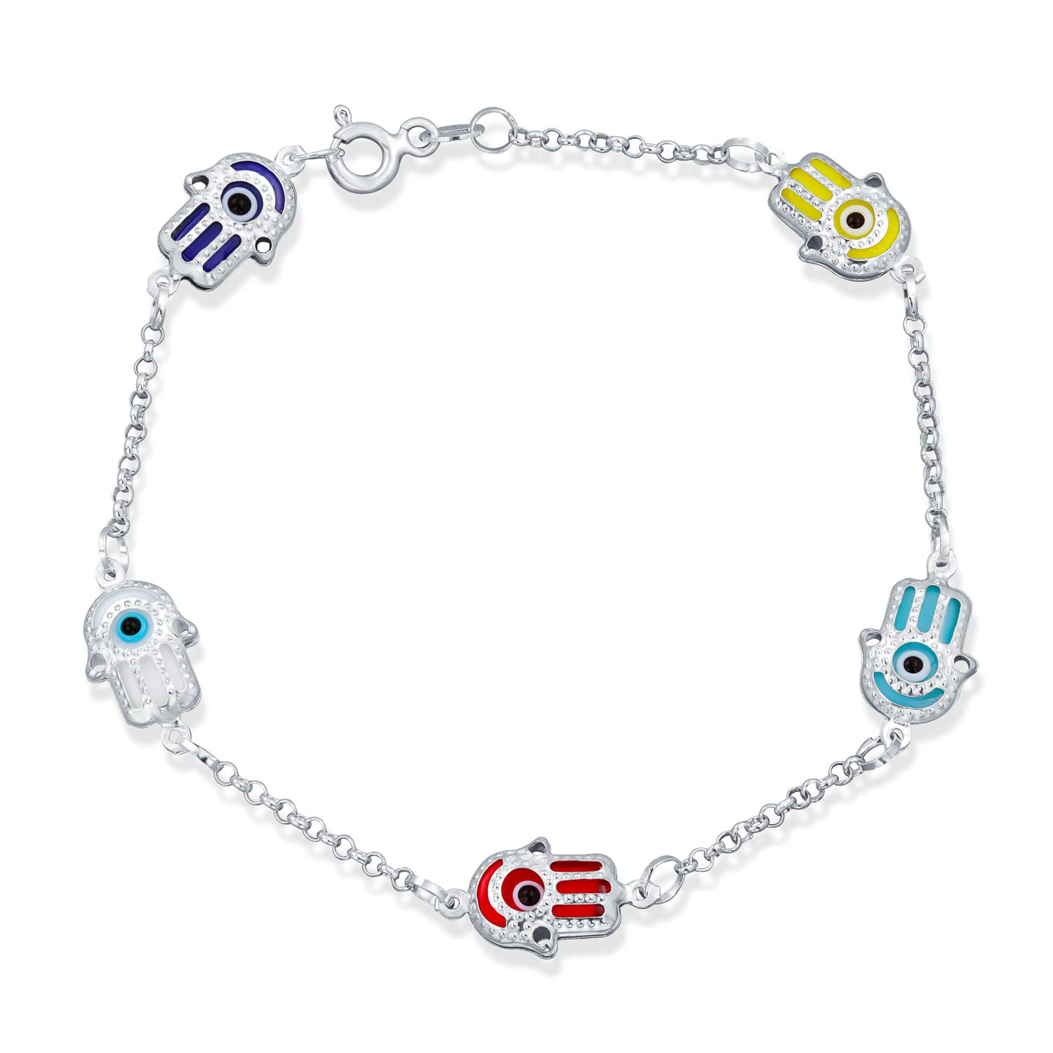 Bling Jewelry Delicato Amuleto Turco Talismano Protezione Buona Fortuna Multi Colore Giallo Rosso Blu Hamsa Fatima Mano E Malocchio Bracciale Charm Per Adolescente Per Donne .925 Argento