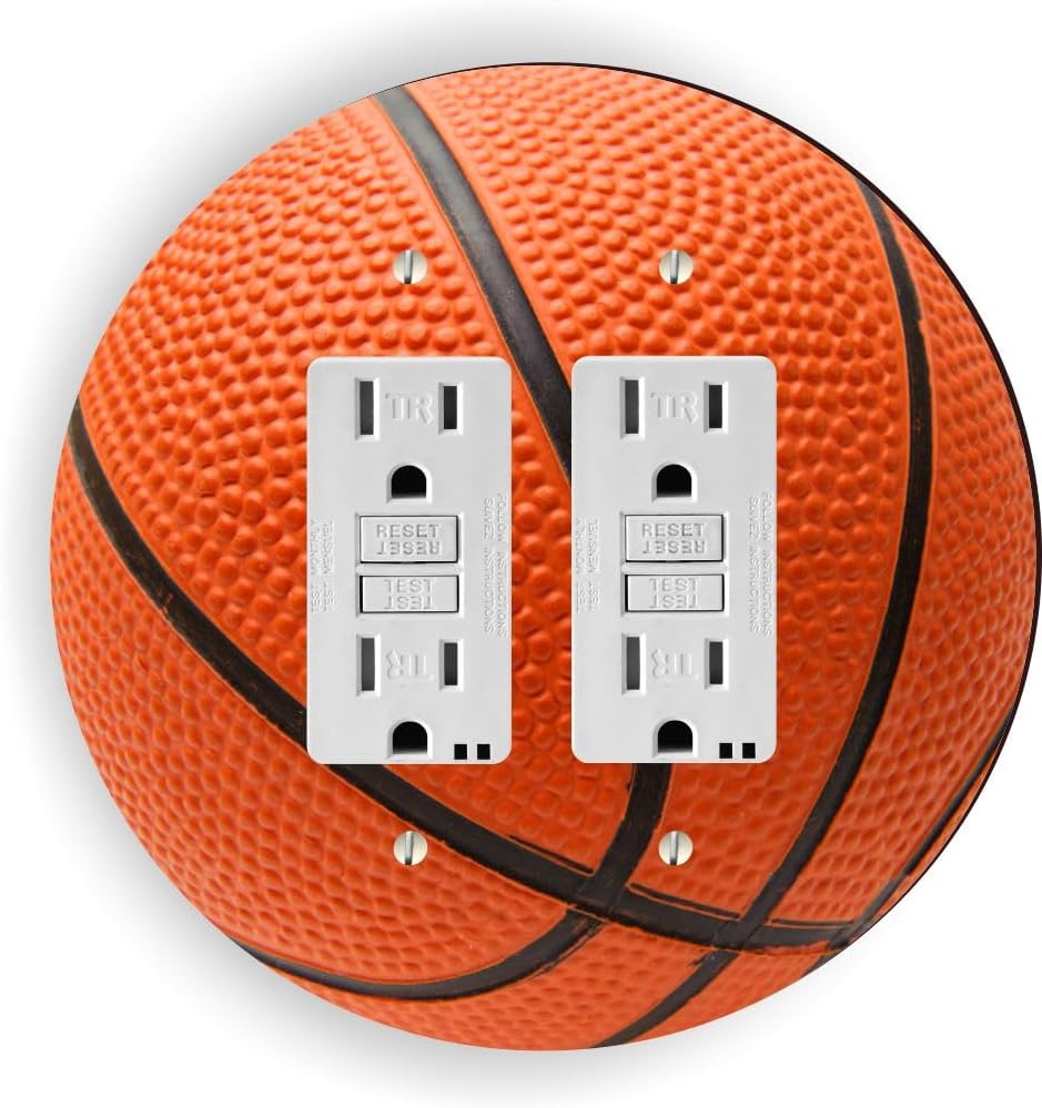 Island Gifting - Basketball Design - Round double rocker switch plate cover, fits two standard rocker or GFCI outlets, modern design.