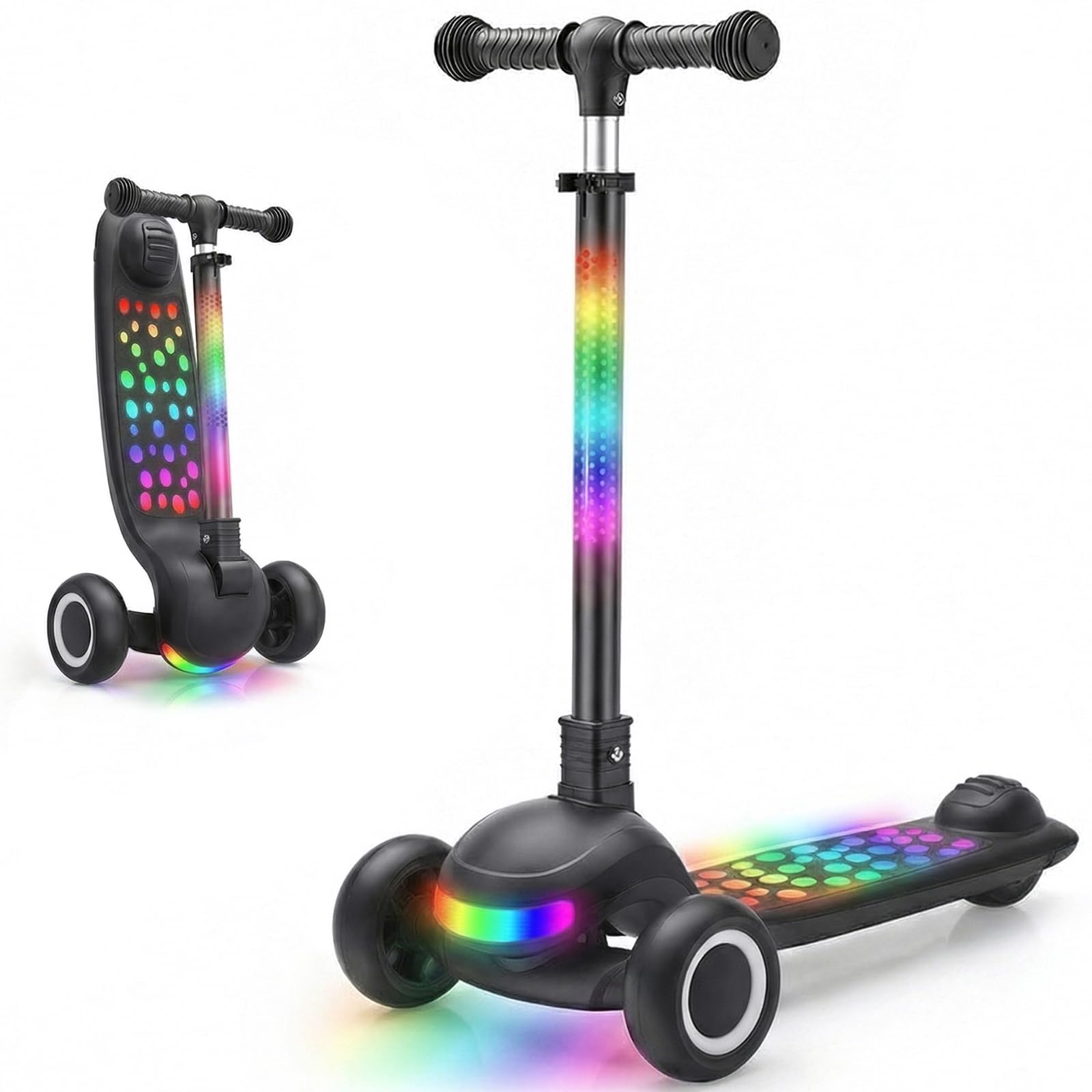 Kids Scooter Ages 3-10, One-click Folding with 4 Height Adjustable Handlebar and Rear Brake,Light Up Wide Deck Scooter for Boys & Girls