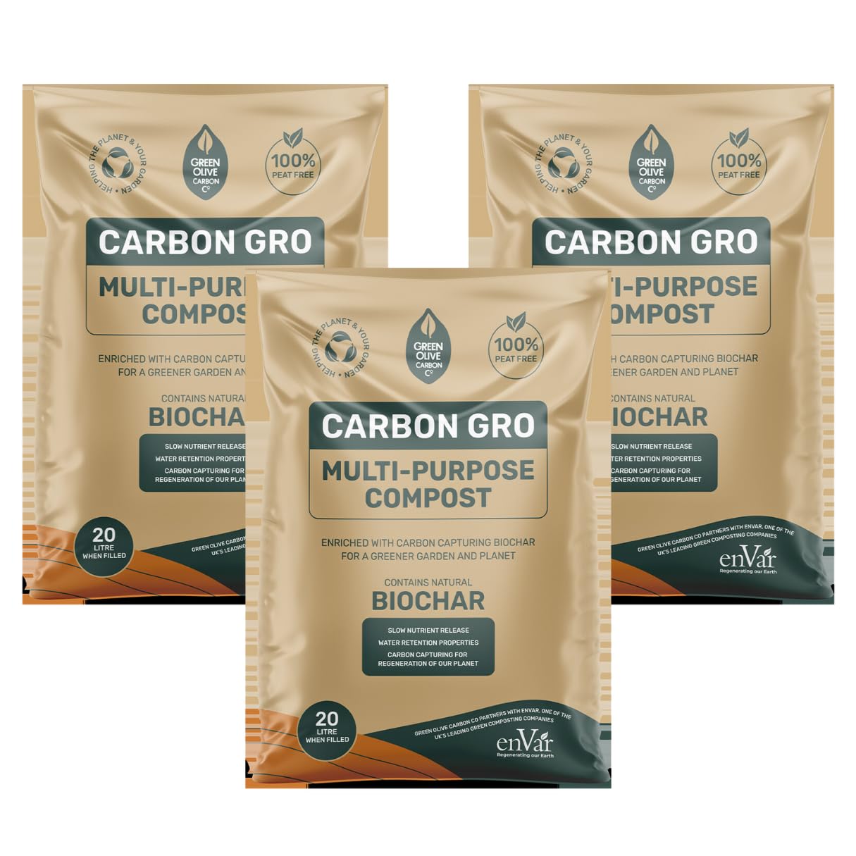 Green Olive Firewood - Carbon Gro Multi-purpose Compost with added Biochar - Mositure Retaining - Natural slow release - Carbon capturing biochar - 3x20L Bag (60L)