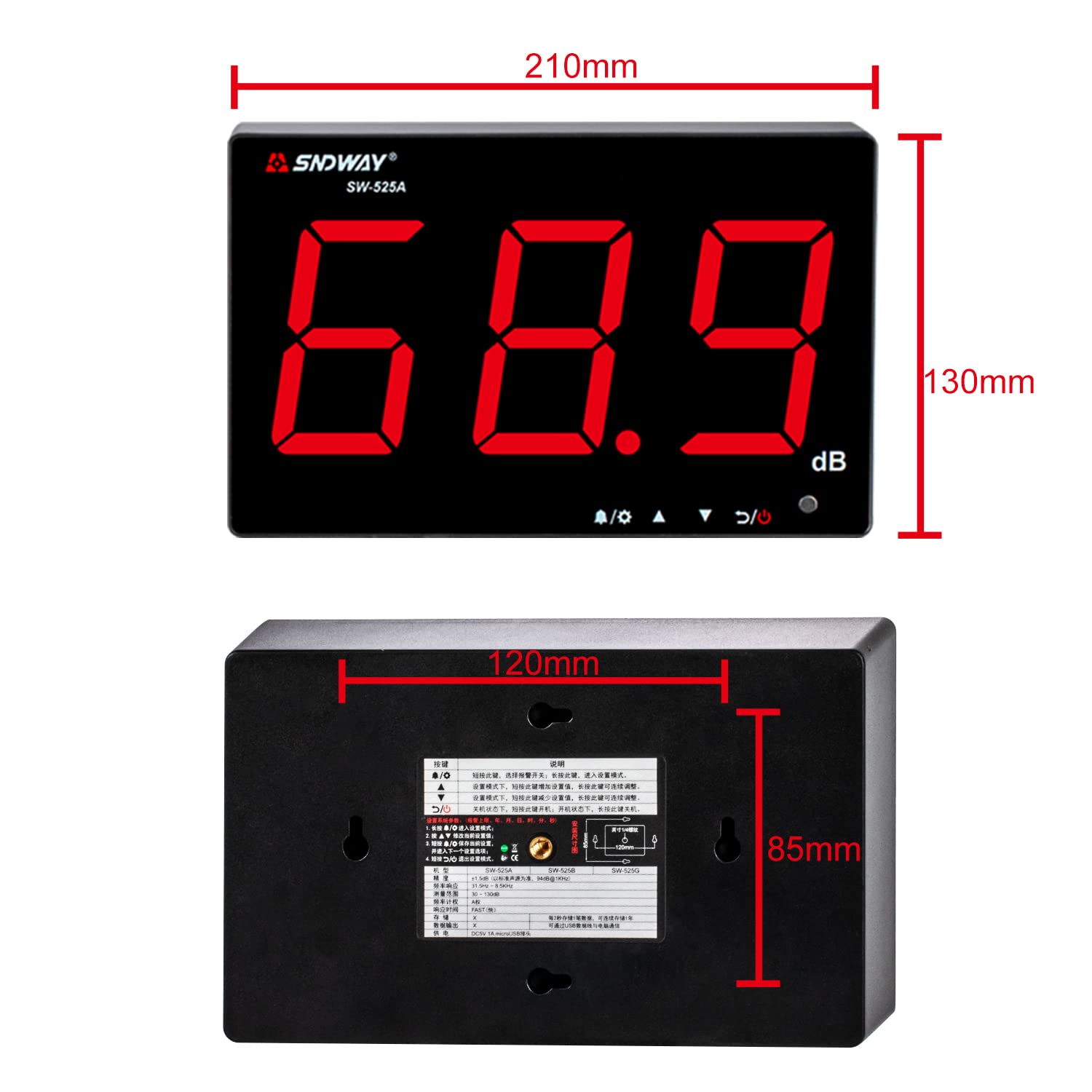 Dezibel Messgerät 30dB-130dB, Schallpegelmessgerät zum Aufhängen an der Wand mit Hintergrundbeleuchtung, db Messgerät mit großem Bildschirm Alarm für öffentliche Bereiche/Restaurants/Klassenzimmer