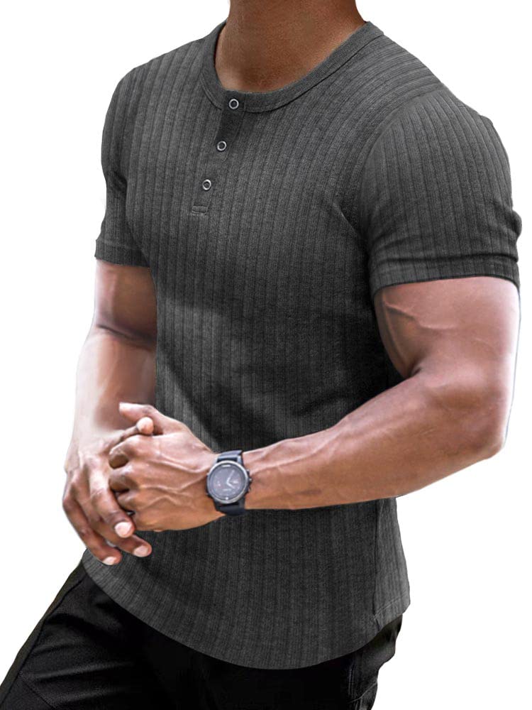 Muscle Cmdr Men's Ribbed Henley Shirt Slim Fit Muscle Shirt Fitted Cotton Short&Long Sleeve Casual T-Shirt Large 01dark Grey-short