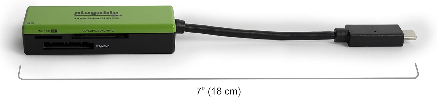 Plugable USB-C Multi-Card Reader with a ruler showing its length is 7 inches (18 cm).