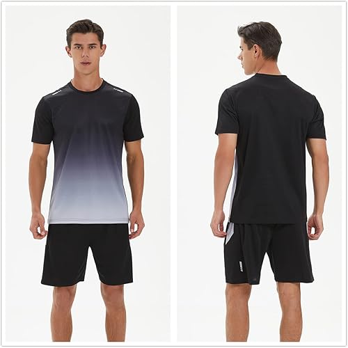 Miniatura 2 de OPALOS Conjunto de camisetas y pantalones cortos de cuello redondo de secado rápido para hombre, atlético, correr, gimnasio, entrenamiento