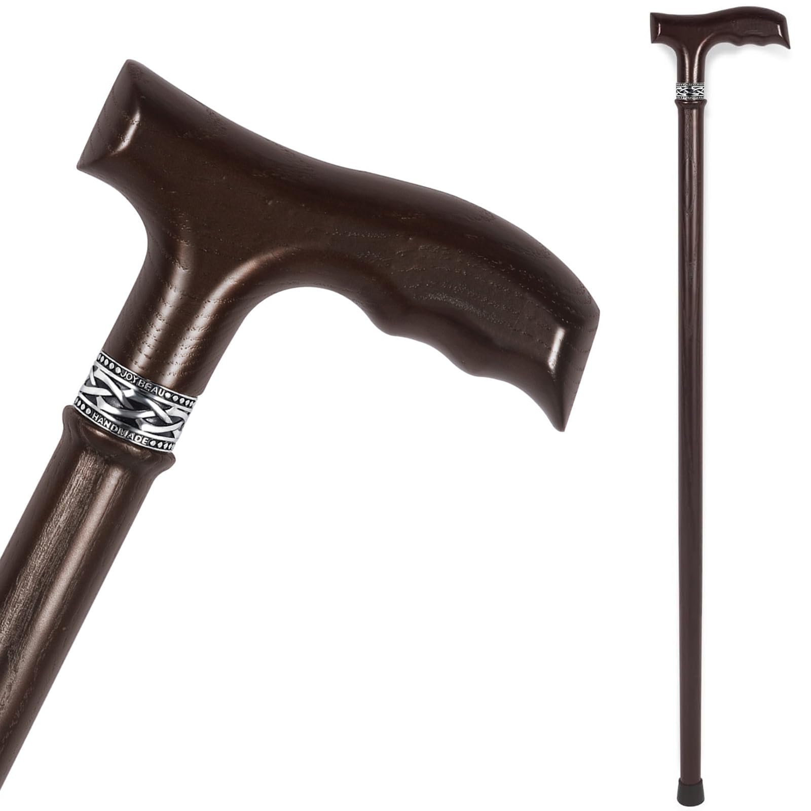 JOYBEAU Wooden Walking Cane, 36 Inch Natural Solid Wood Cane for Men and Women, Handcrafted Walking Stick for Seniors, Ergonomic Grip for Balance and Stability