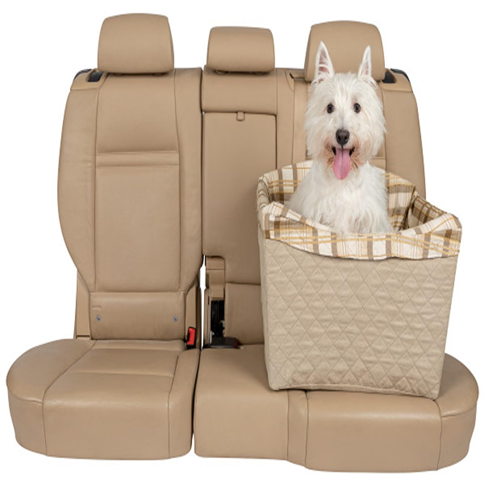 PetSafe Happy Ride, Hundesitz: erhöhter Sitz, geeignet für Auto, Van; Sicherheitsgurt inklusive; strapazierfähiger, maschinenwaschbarer Bezug; Hellbraun gepolstert