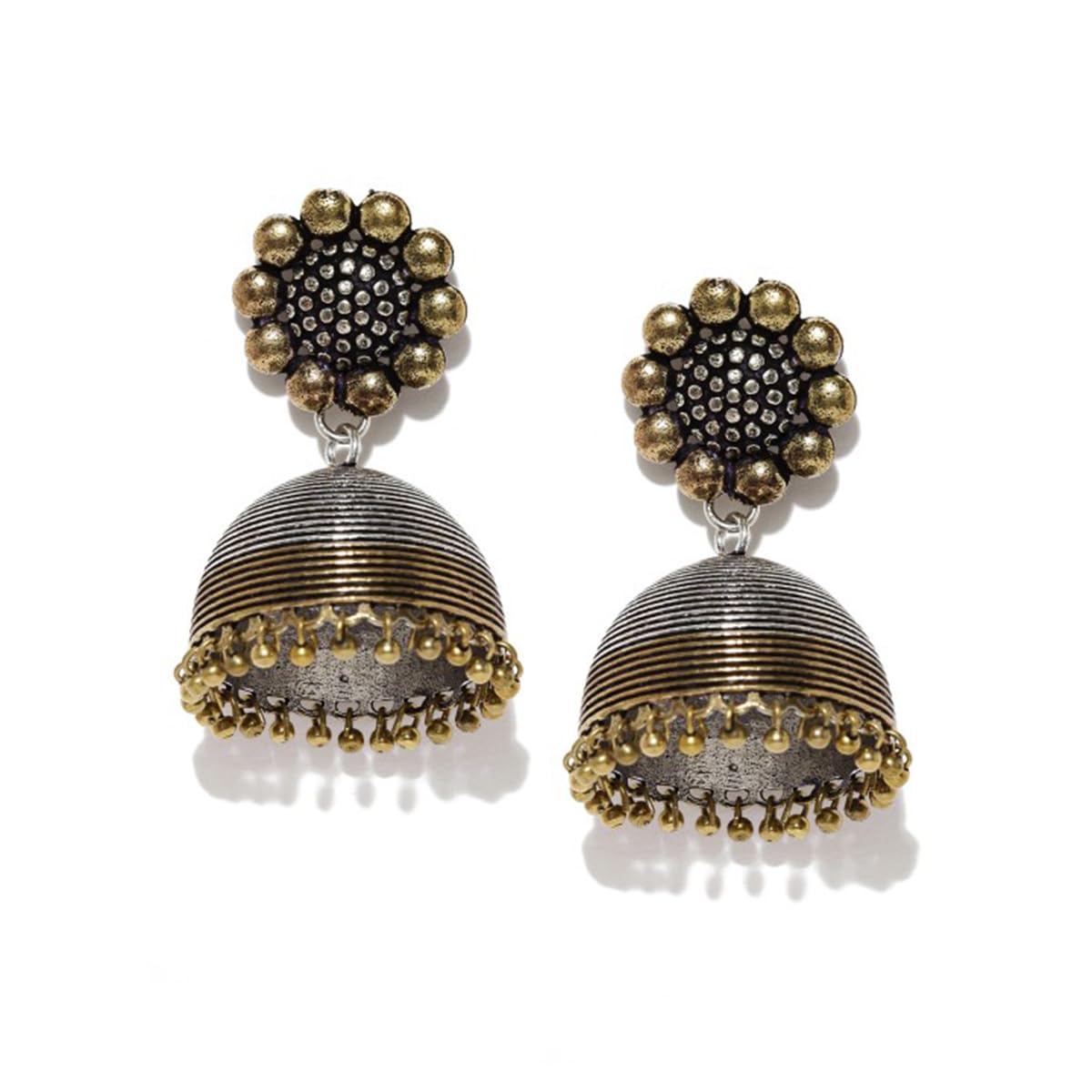 RubansOxidised Collection Silver & Antique Gold Toned Artistic Flower Detailed Dome Shaped Jhumka Earrings for Women & Girls, Perfect for Any Occasion