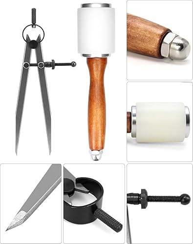 Miniatura 3 de QWORK Juego de martillo para tallar cuero, mazo de cuero para manualidades + brújula matemática, brújula de dibujo, brújula de dibujo, para