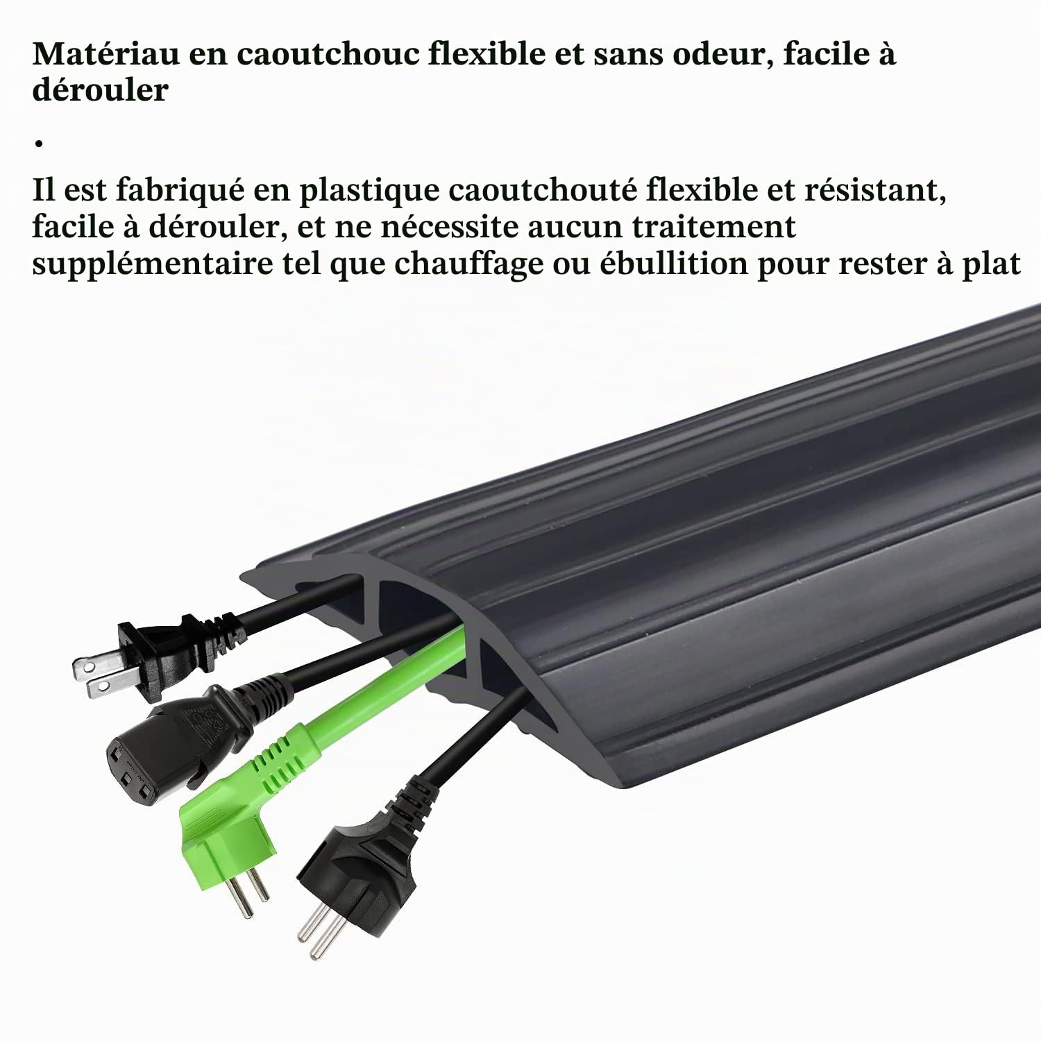 CPROSP Passe Câble Sol 2M, Passage Plancher Souple Noir, 3 Passages pour Câbles et Fils, Protecteur Couvre-Câble de Sol 200 cm x 6,4 cm, avec Une Bande Adhésive Double Face de 500 * 3 cm