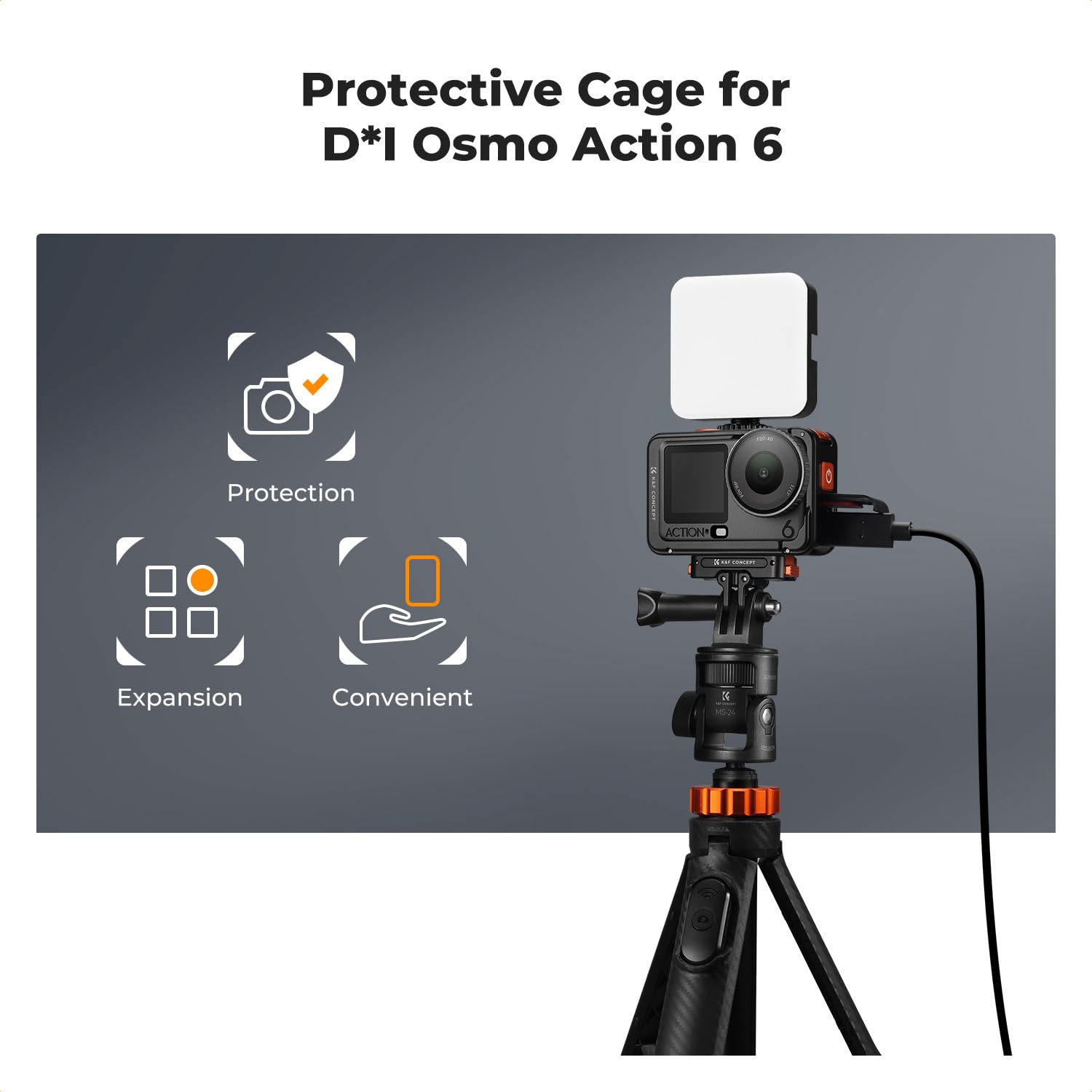 Klatka fotograficzna K&F CONCEPT do DJI Osmo Action 6, aluminiowa obudowa z mocowaniem na gorącą stopkę, futerał ochronny z adapterem śrubowym 1/4" do statywu, kijek do selfie, akcesoria do aparatu