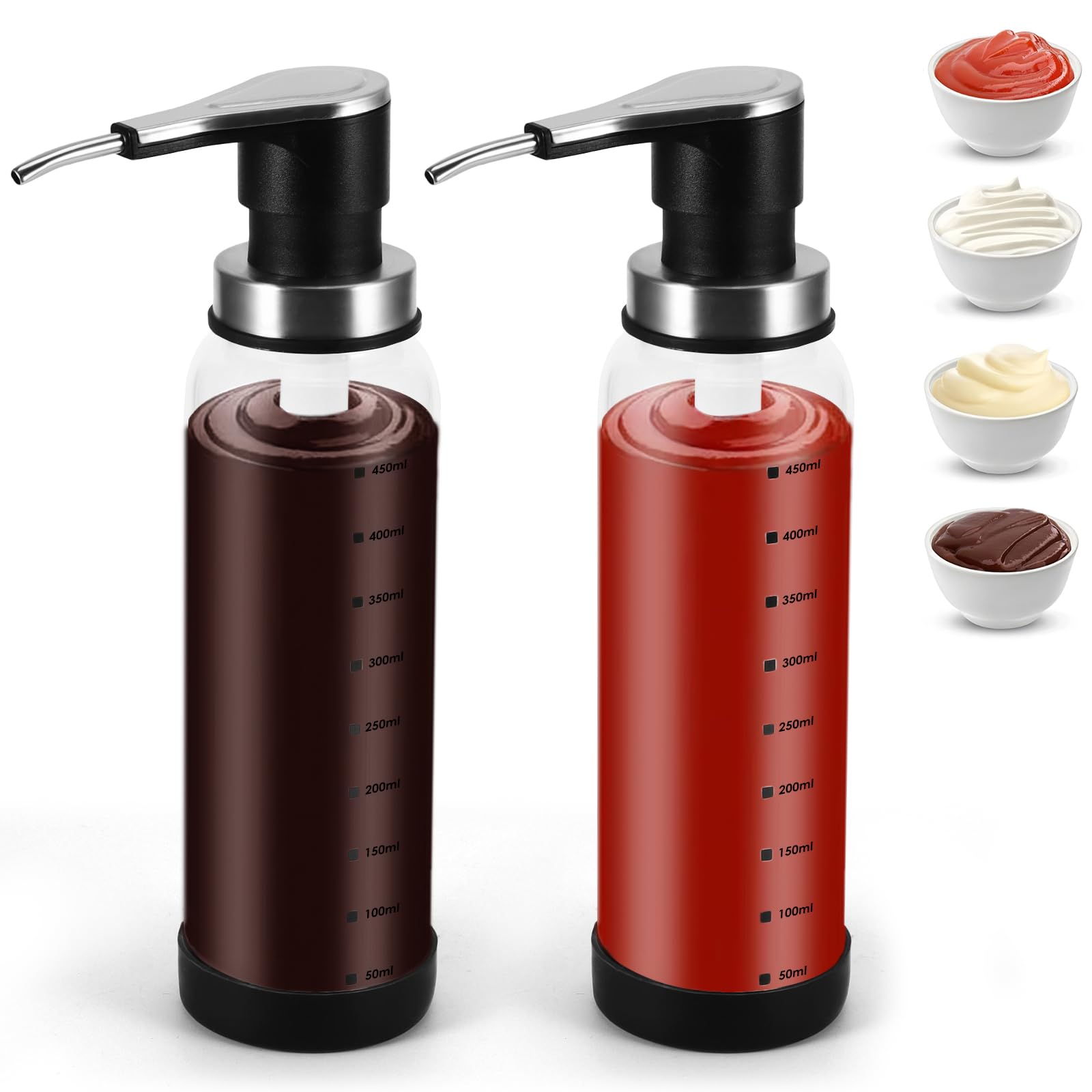 Viitech 2 Pcs Sauce Pump Dispensers, 500ML Glass Coffee Syrup Dispenser Condiment Press Bottles with Stainless Steel Pumps, Leak-Proof Syrup Dispenser for Honey Syrups Oil Condiments Salad Dressings