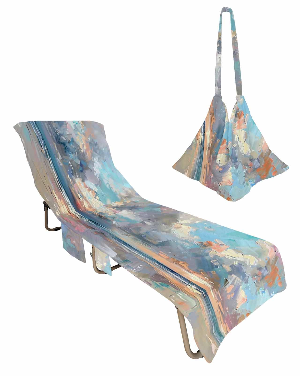 Debedcor Blue Gray Coastal Beach Chair Cover with Pockets, Microfiber Quick Dry Chaise Lounge Cover, Oil Painting Modern Abstract Art Pool Lounge Chair Covers Towel for Sunbathing Patio Garden