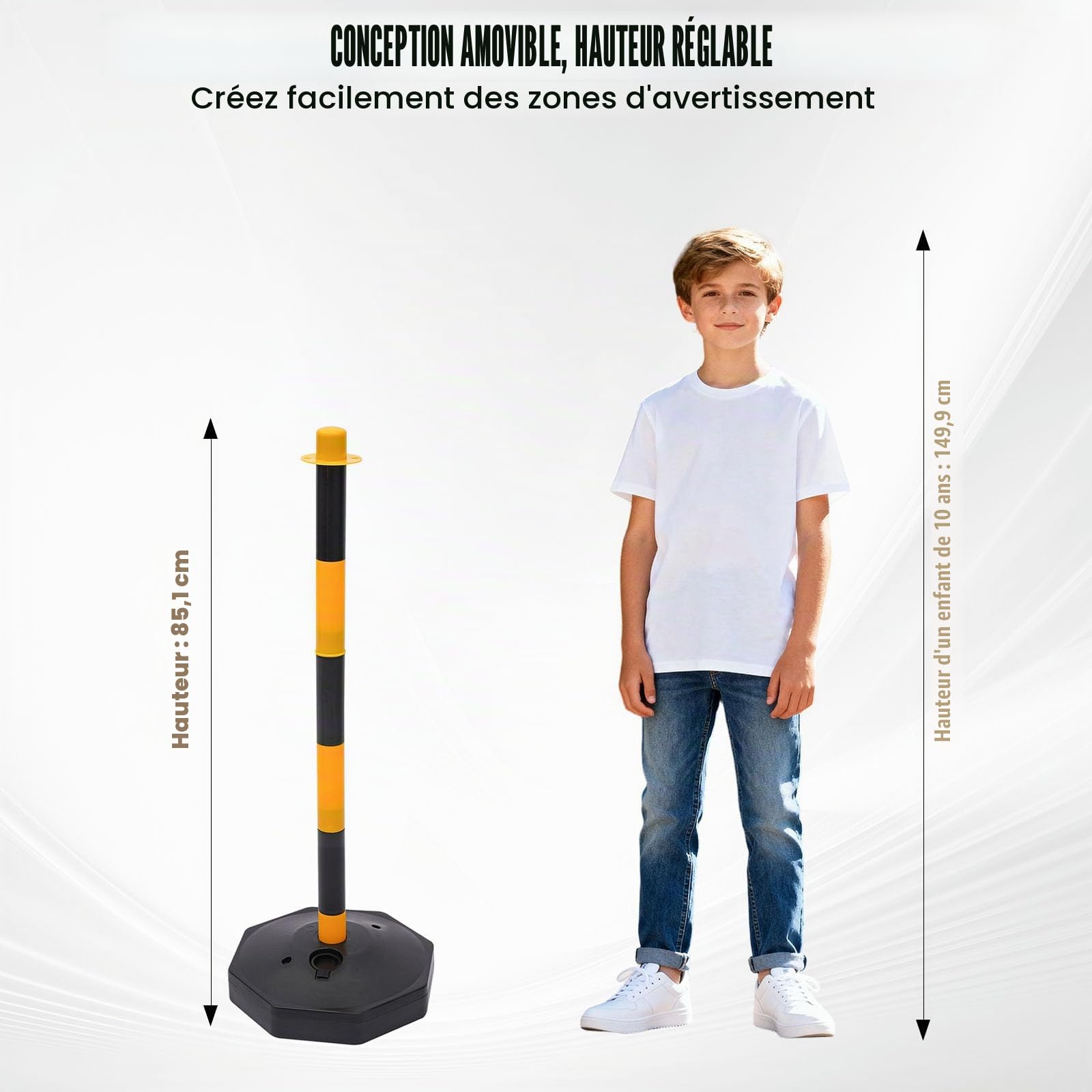 Lot de 6 poteaux de barrière en plastique avec 5 chaînes de barrière de 6,5 m, poteaux de blocage avec support, pour avertissement de contrôle de la circulation, jaune et noir