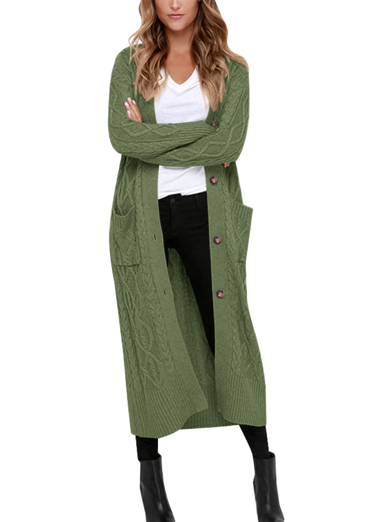 Danedvi Womens Long Cardigans Long Sleeve Cable Knit Button Down Open Front Chunky Knit Sweaters Coats with Pockets