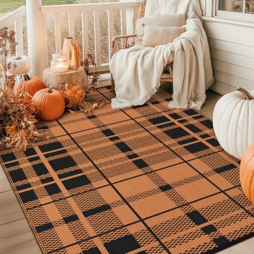 Image of GENIMO Outdoor Rug, Waterproof Plastic Rugs for Patio, 6'x9' Amber Black | Outside Larger Modern Carpet Mat for Porch Decor, Deck, Balcony, Camping, RV, Backyard, Picnic, Beach, Reversible, Foldable