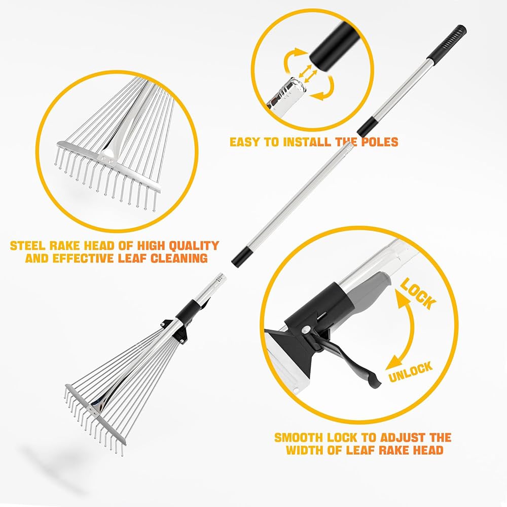 Adjustable Leaf Rake with 215 cm Handle, Adjustable Leaf Rake, Garden Rake with Handle for Leaves, Rake for Cleaning Plants, Lawn and Patio — view 4