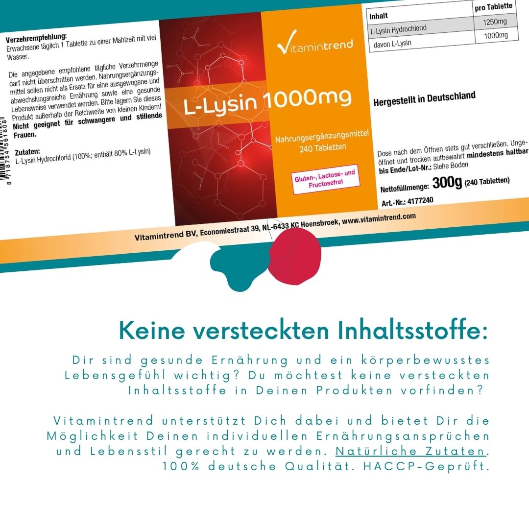 Vitamintrend L-Lysin 1000mg, 240 Tabletten, hochdosiert, Nahrungsergänzungsmittel vegan ohne Magnesiumstearat, in Deutschland hergestellt