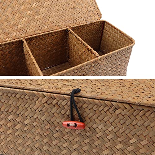 Feilanduo Seagrass Storage Basket With Lid Hand Woven Wicker Shelf Baskets Rectangular Small Storage Box For Desktop Organizing (Natural 3 Sections With Lid) #TOP2