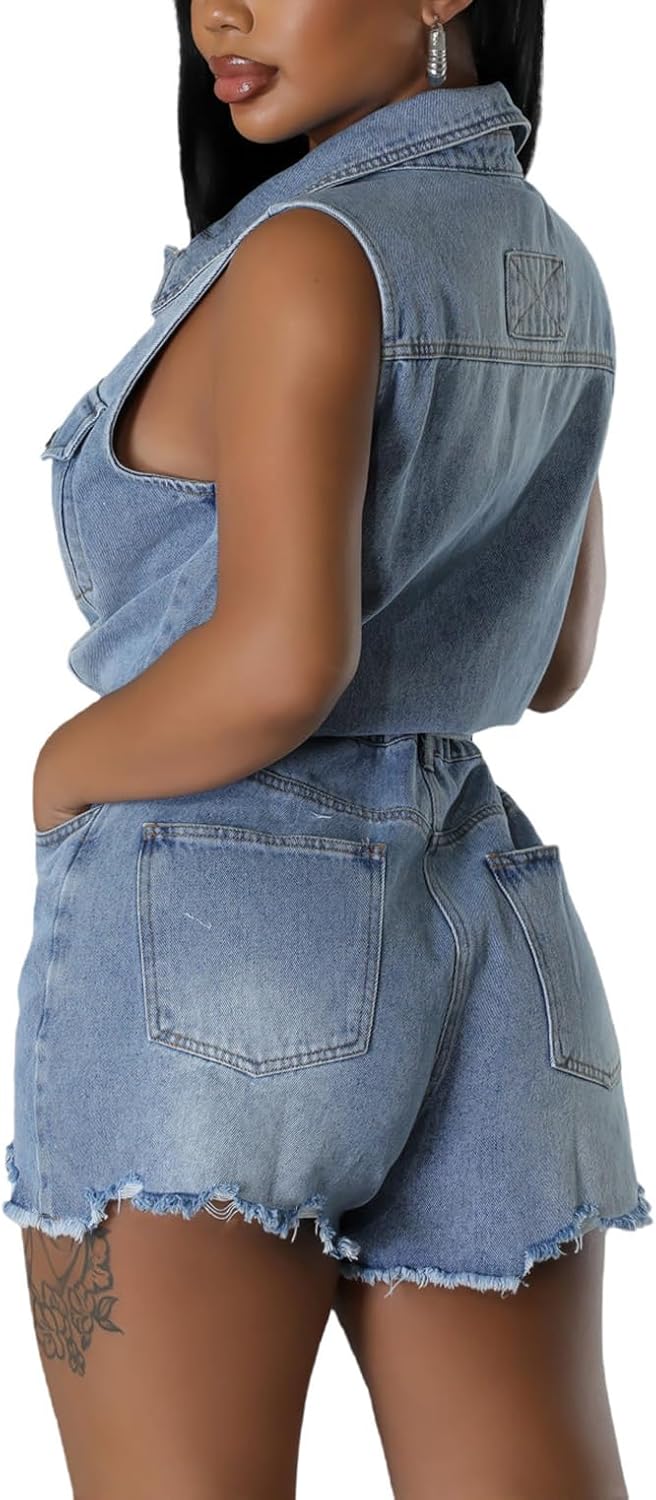 cffvdiz Women's Sleeveless Belted Button Up Denim Romper Frayed Hem Stretch Distressed Jean Short Jumpsuits with Pockets - Image 4