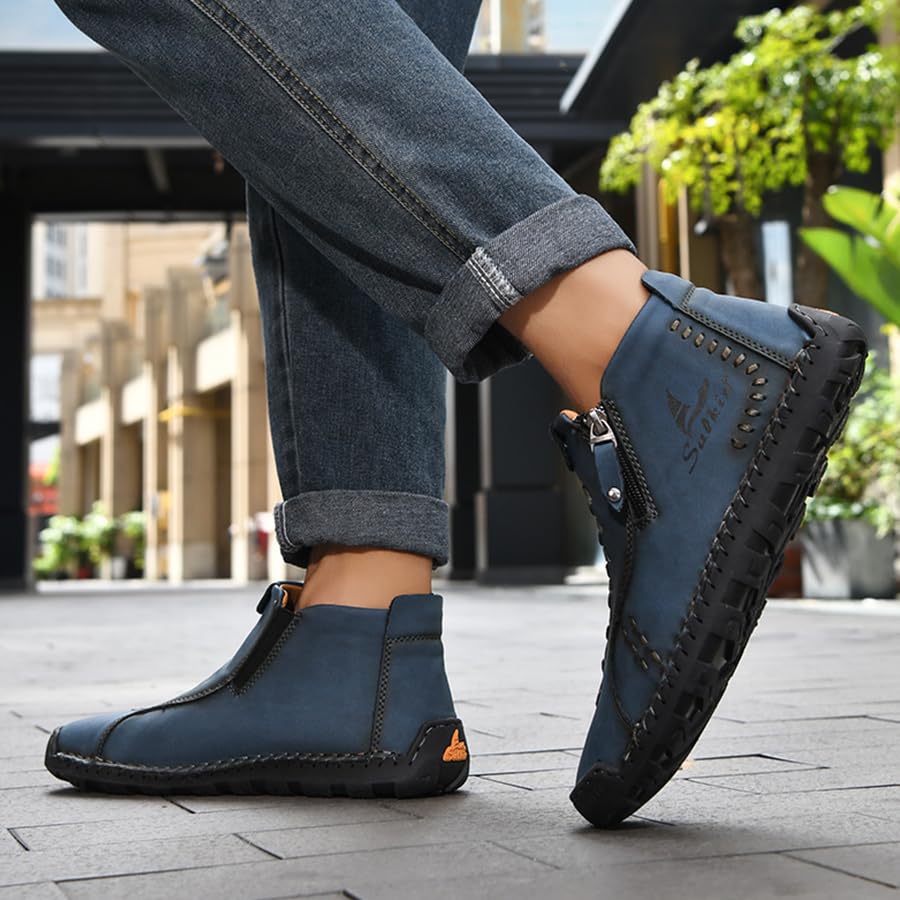 Mens Casual Leather Shoes Ankle Chukka Boots Handmade Side Zipper Mid top Slip On Loafers Fashion Lightweight Walking Driving High Boots3