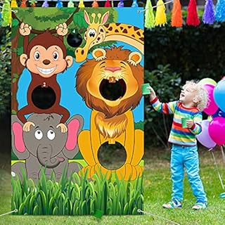 Safari Animals Toss Games Banner with Bean Bags Jungle Wild Animals Backdrop Zoo Animals Photo Background Funny Animals Toss Game for Kids Birthday Party Supplies